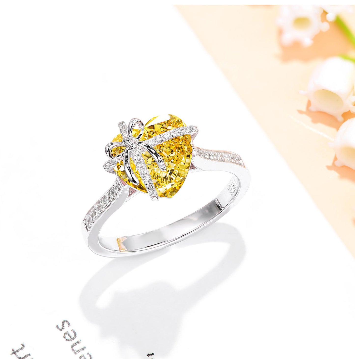 Yellow Zircon High-Carbon Diamond Bow Ring For Women
