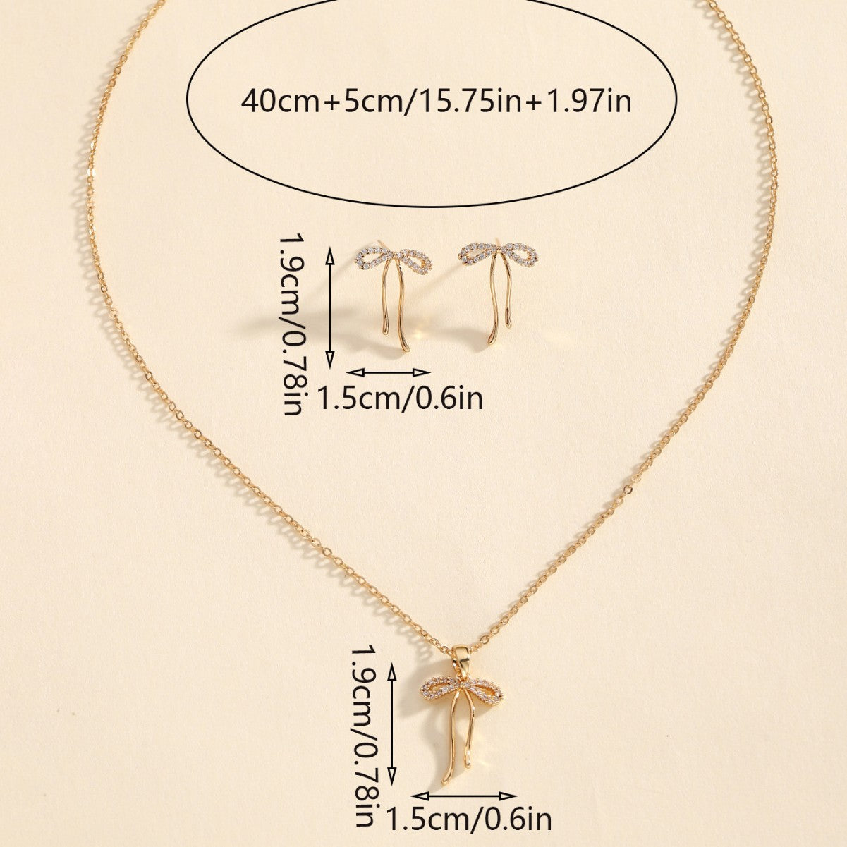 Copper Inlaid Zircon Bow Pendant Earrings Two-Piece Set