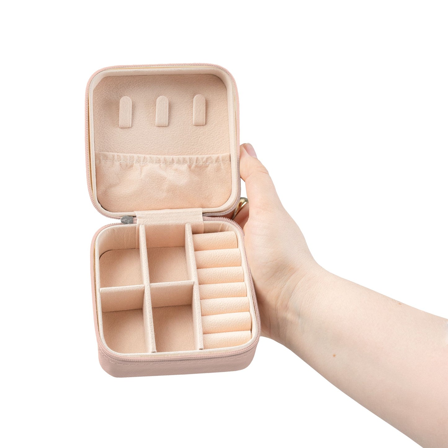 Compact Pink Jewelry Travel Case – Portable Organizer for Rings, Earrings & Necklaces