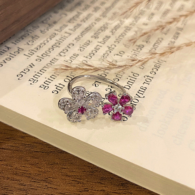 Minimalist Row Flower Series Open Ring, Sweet Fashion Floral High-end Temperament Finger Ring For Women