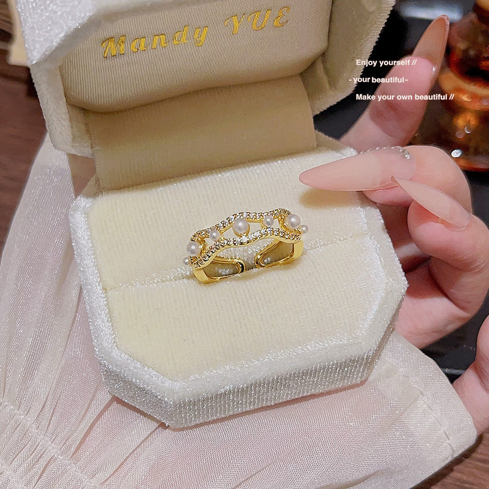 Electroplated Zircon Ring, Adjustable Open Band, Niche Stylish For Women