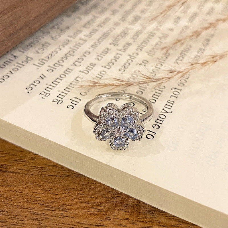 Minimalist Row Flower Series Open Ring, Sweet Fashion Floral High-end Temperament Finger Ring For Women