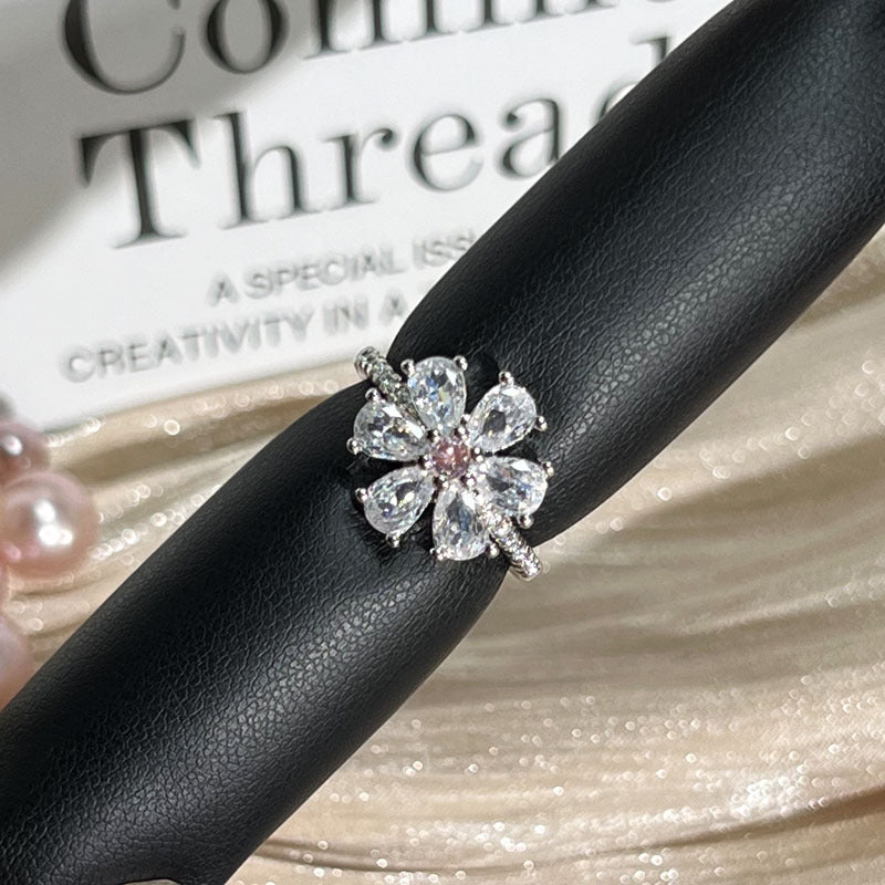 Blossom Cottage Sweet Colorful Zircon Flower Exquisite Open Ring, Hot Sale Luxury High-end Versatile Finger Ring For Women