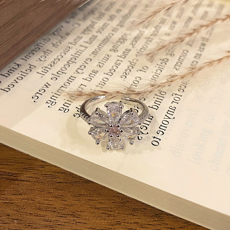 Minimalist Row Flower Series Open Ring, Sweet Fashion Floral High-end Temperament Finger Ring For Women