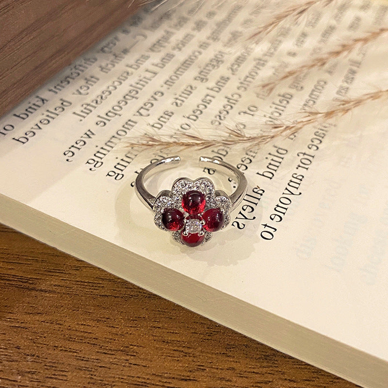 Minimalist Row Flower Series Open Ring, Sweet Fashion Floral High-end Temperament Finger Ring For Women