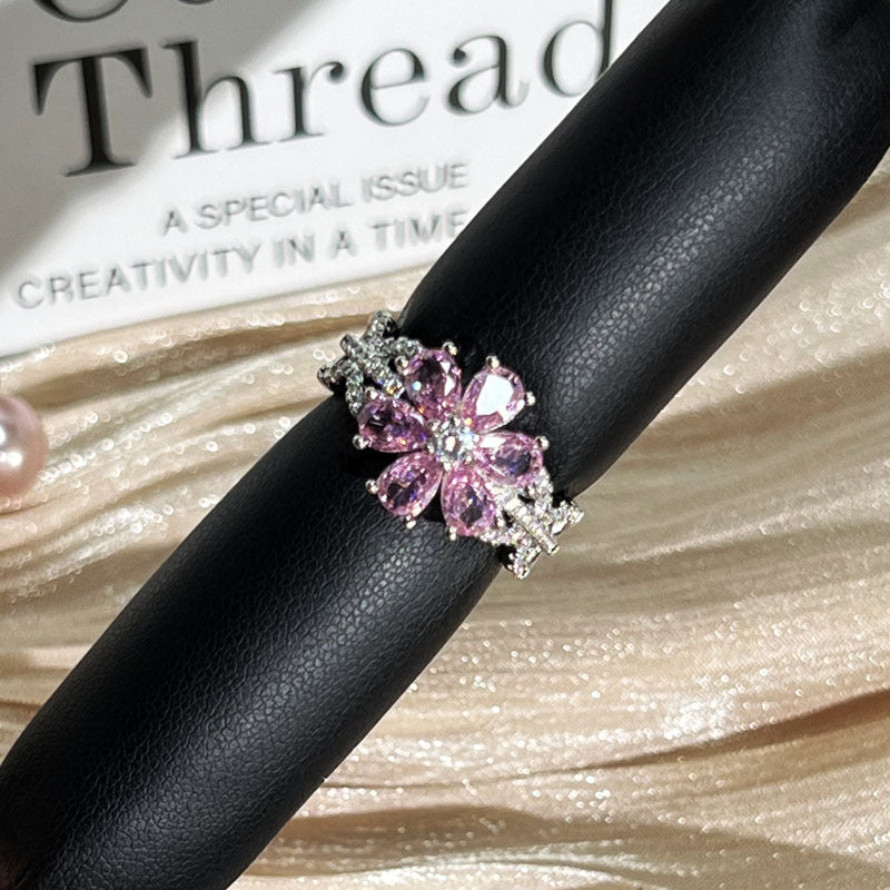 Blossom Cottage Sweet Colorful Zircon Flower Exquisite Open Ring, Hot Sale Luxury High-end Versatile Finger Ring For Women