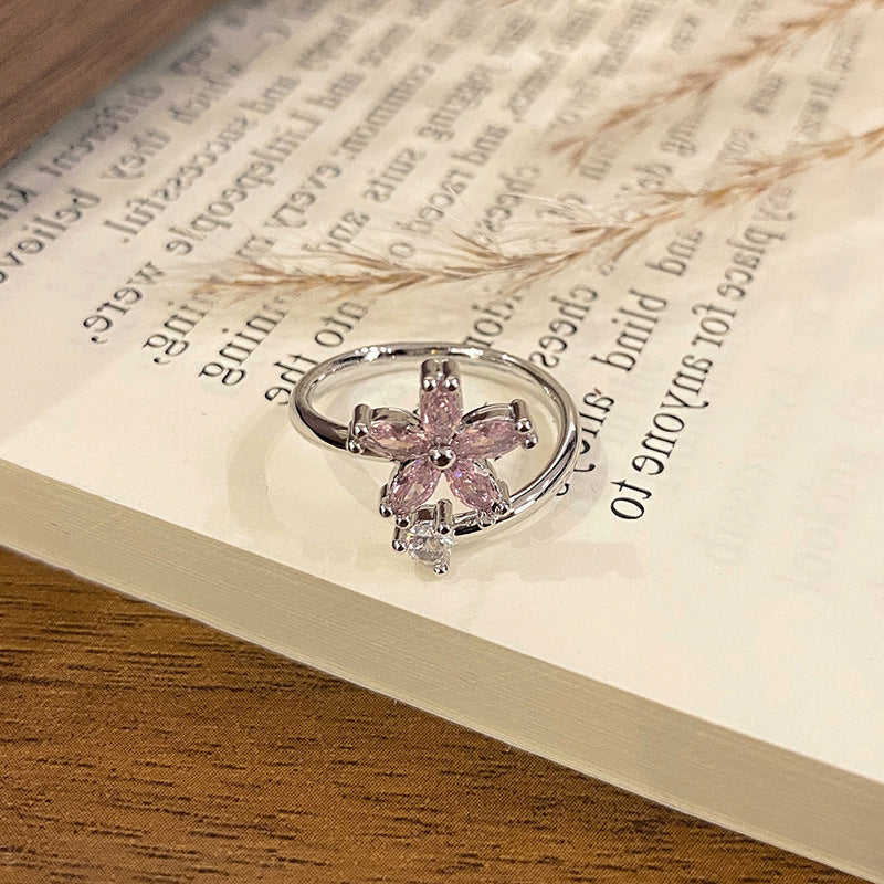 Minimalist Row Flower Series Open Ring, Sweet Fashion Floral High-end Temperament Finger Ring For Women