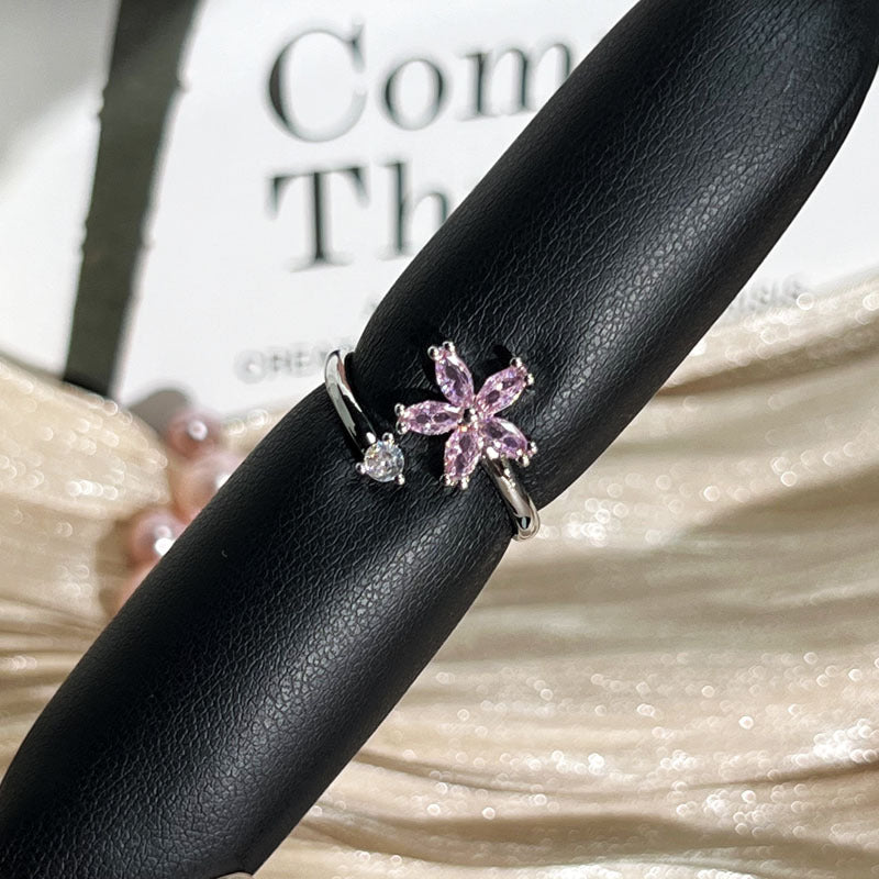Blossom Cottage Sweet Colorful Zircon Flower Exquisite Open Ring, Hot Sale Luxury High-end Versatile Finger Ring For Women