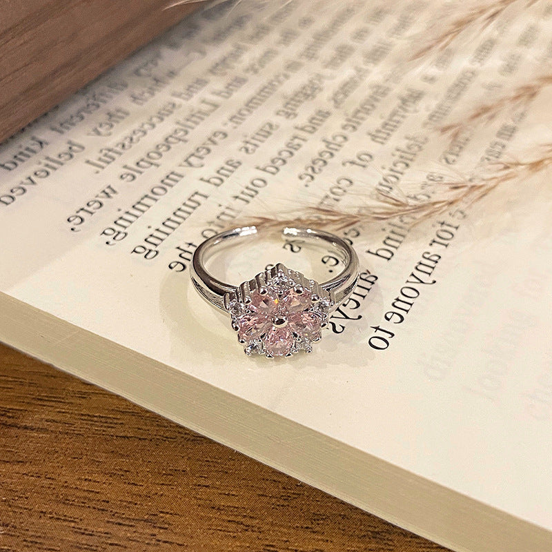 Minimalist Row Flower Series Open Ring, Sweet Fashion Floral High-end Temperament Finger Ring For Women